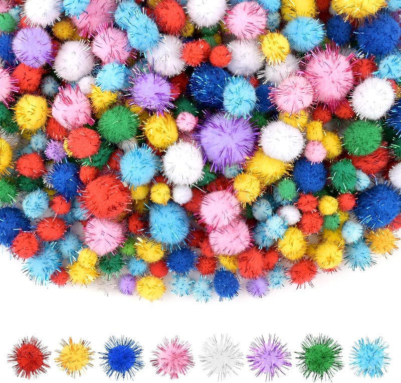 NACHLYNN 1000 Glitter Pom Poms Bulk 4 Sizes Assorted Soft Fluffy Pom Poms for Crafts DlY Decorations Activities with A Storage Bag (Multicolor) - Image 1